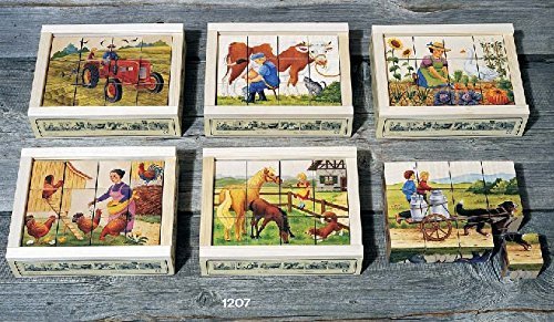 Atelier Fischer Wooden Block Cube Puzzle in Wooden Case - Farm Scenes (12 Pieces)