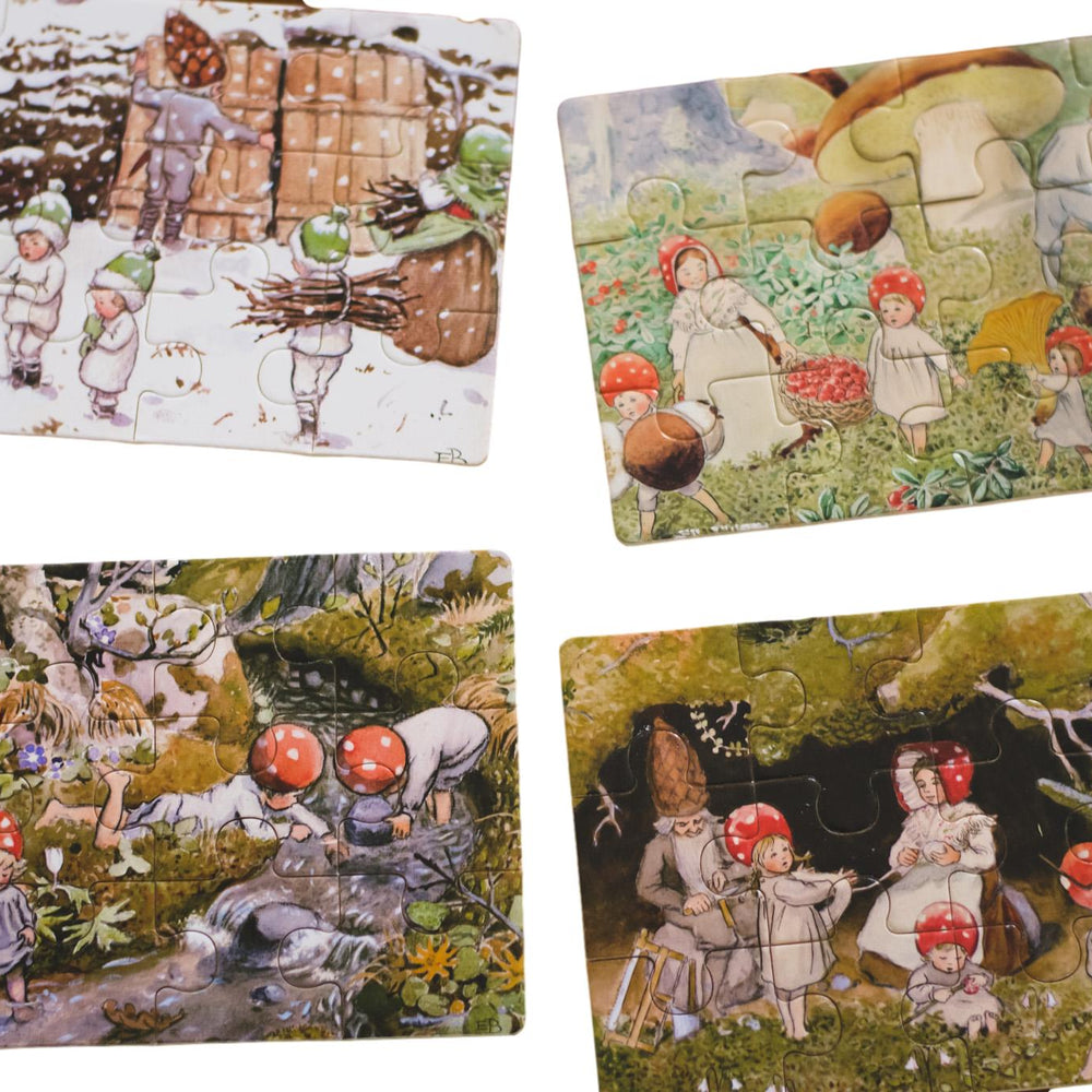 Elsa Beskow "Tomtebobarnen" Children of the Forest Jigsaw Puzzle Set in Wooden Box (4 puzzles - 12 pieces each)