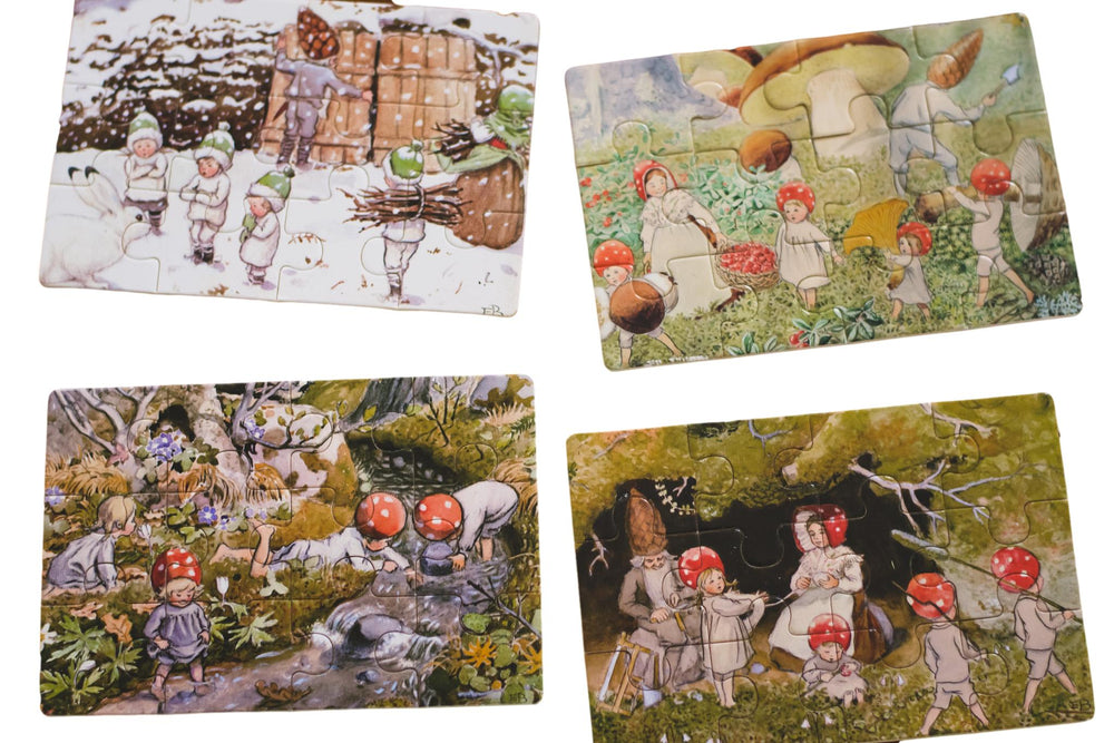 
                  
                    Elsa Beskow "Tomtebobarnen" Children of the Forest Jigsaw Puzzle Set in Wooden Box (4 puzzles - 12 pieces each)
                  
                