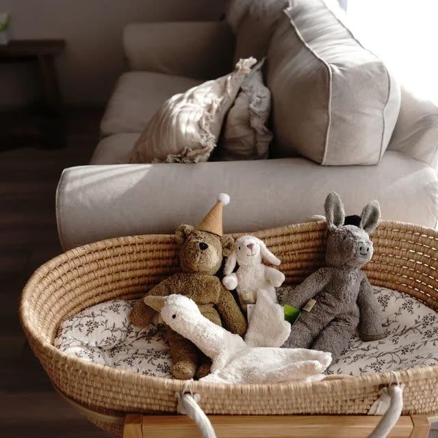 
                  
                    Senger animals - baby lamb, floppy beige bear, floppy donkey, and cuddly white goose in basket
                  
                